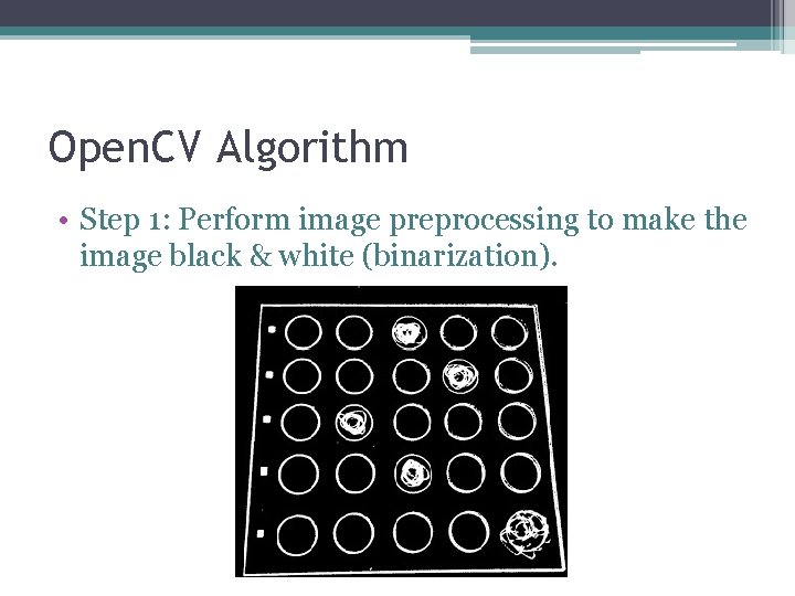 Open. CV Algorithm • Step 1: Perform image preprocessing to make the image black