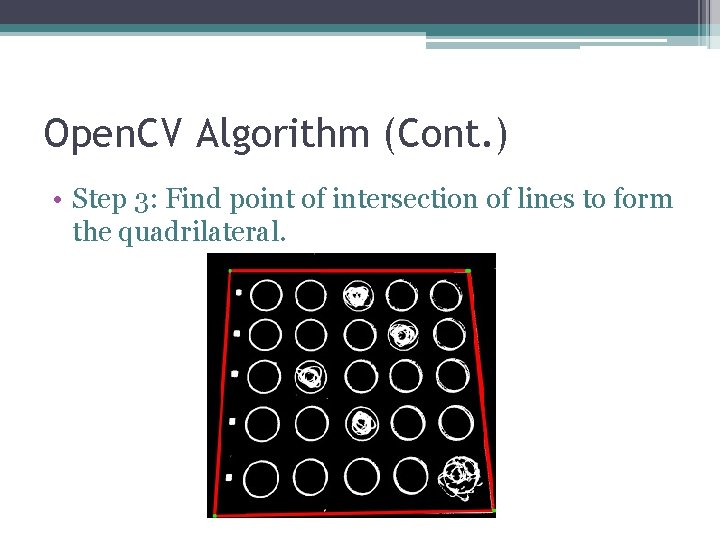 Open. CV Algorithm (Cont. ) • Step 3: Find point of intersection of lines