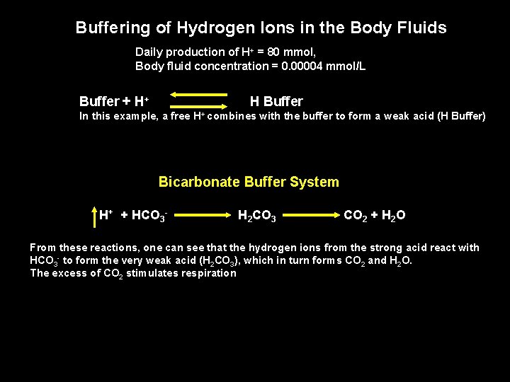 Buffering of Hydrogen Ions in the Body Fluids Daily production of H+ = 80