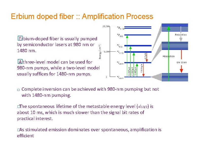 Erbium doped fiber : : Amplification Process � Erbium-doped fiber is usually pumped by