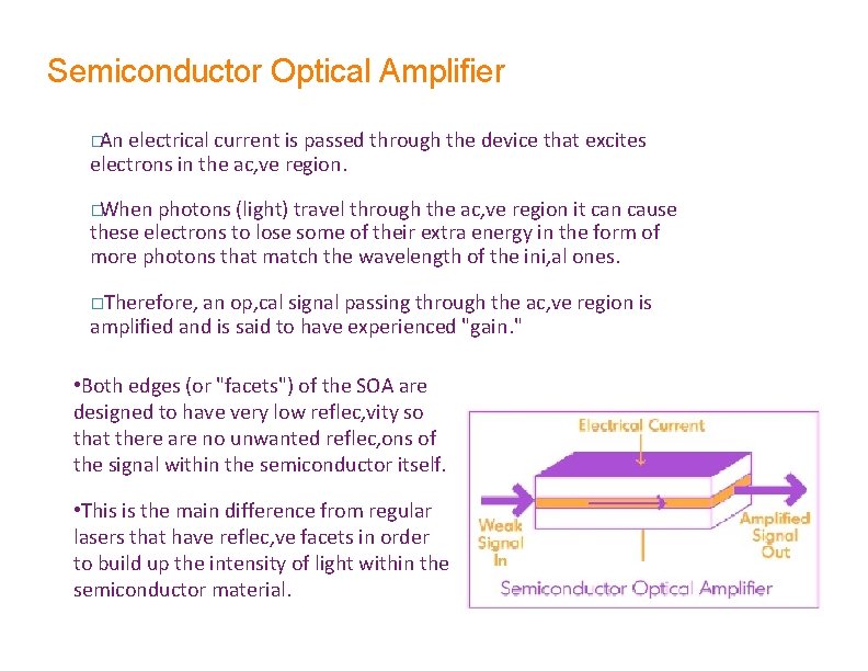 Semiconductor Optical Amplifier �An electrical current is passed through the device that excites electrons Semiconductor Optical Amplifier �An electrical current is passed through the device that excites electrons
