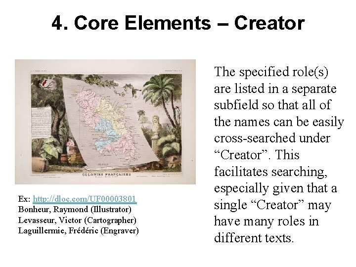4. Core Elements – Creator Ex: http: //dloc. com/UF 00003801 Bonheur, Raymond (Illustrator) Levasseur,