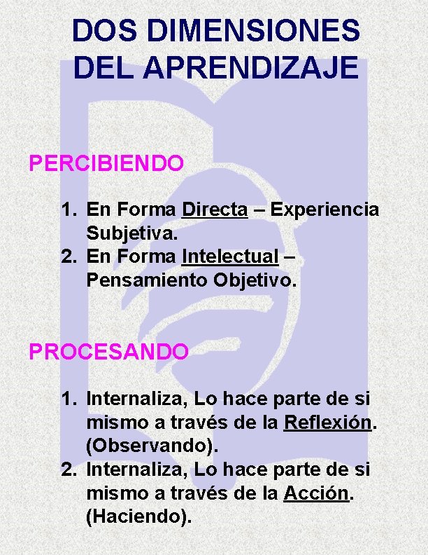 DOS DIMENSIONES DEL APRENDIZAJE PERCIBIENDO 1. En Forma Directa – Experiencia Subjetiva. 2. En