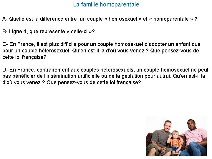La famille homoparentale A- Quelle est la différence entre un couple « homosexuel » La famille homoparentale A- Quelle est la différence entre un couple « homosexuel »
