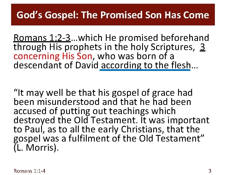 God’s Gospel: The Promised Son Has Come Romans 1: 2 -3…which He promised beforehand