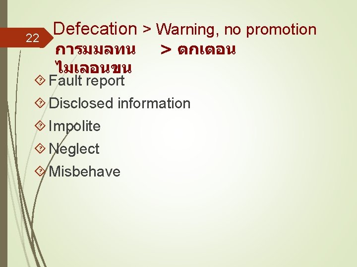 22 Defecation > Warning, no promotion การมมลทน ไมเลอนขน > ตกเตอน Fault report Disclosed information