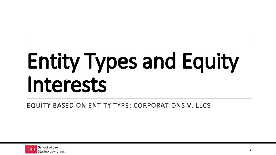 Entity Types and Equity Interests EQUITY BASED ON ENTITY TYPE: CORPORATIONS V. LLCS 8