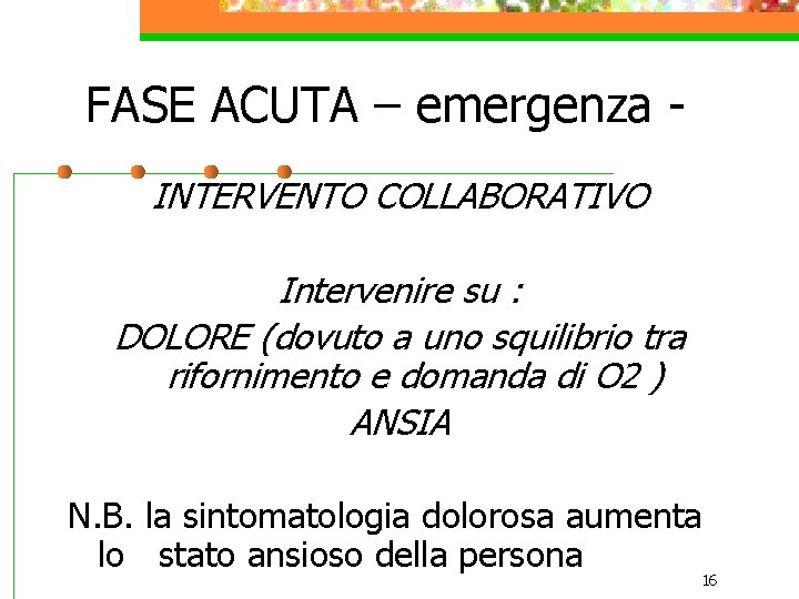 FASE ACUTA – emergenza INTERVENTO COLLABORATIVO Intervenire su : DOLORE (dovuto a uno squilibrio