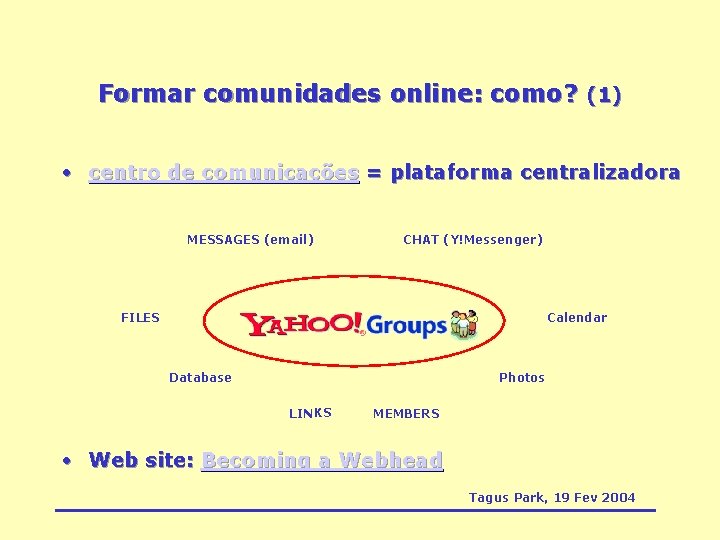 Formar comunidades online: como? (1) • centro de comunicações = plataforma centralizadora MESSAGES (email)