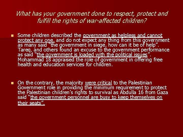 What has your government done to respect, protect and fulfill the rights of war-affected