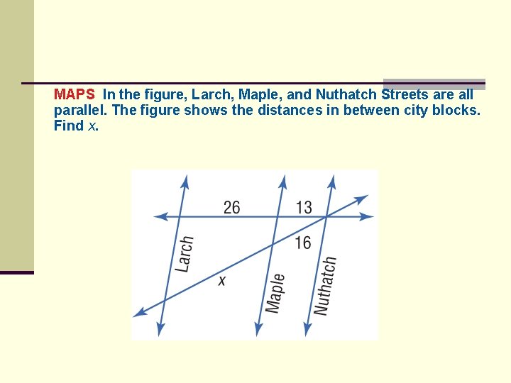 MAPS In the figure, Larch, Maple, and Nuthatch Streets are all parallel. The figure
