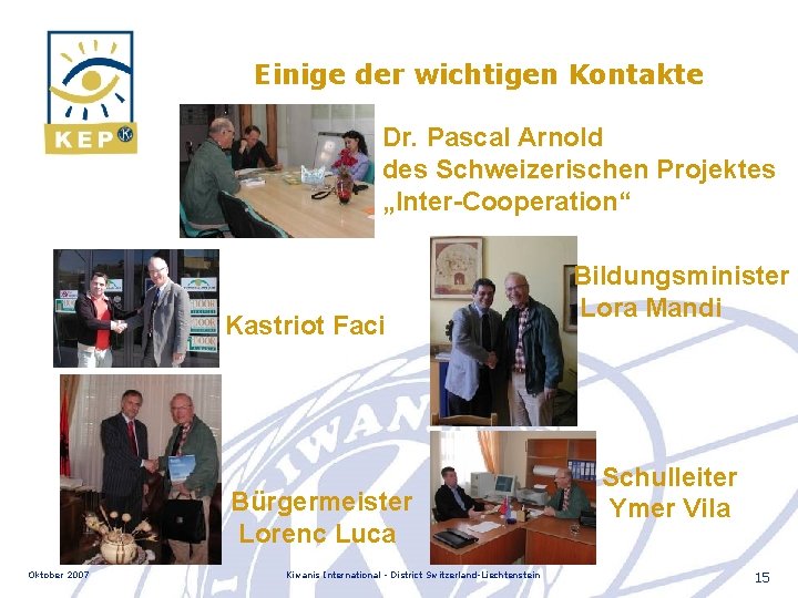 Einige der wichtigen Kontakte Dr. Pascal Arnold des Schweizerischen Projektes „Inter-Cooperation“ Kastriot Faci Bürgermeister