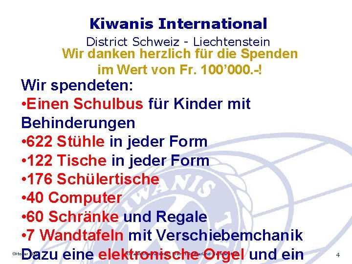 Kiwanis International District Schweiz - Liechtenstein Wir danken herzlich für die Spenden im Wert