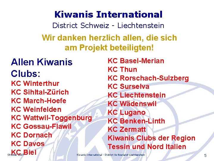 Kiwanis International District Schweiz - Liechtenstein Wir danken herzlich allen, die sich am Projekt