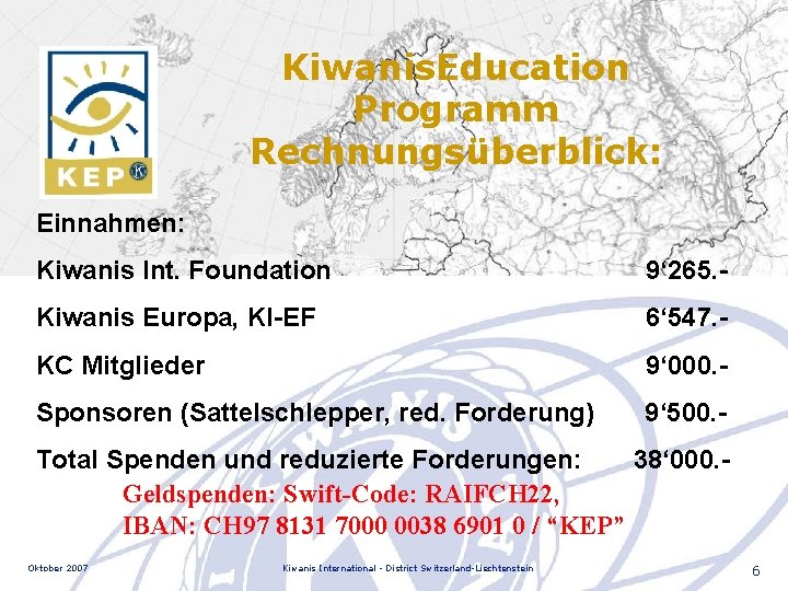 Kiwanis. Education Programm Rechnungsüberblick: Einnahmen: Kiwanis Int. Foundation 9‘ 265. - Kiwanis Europa, KI-EF