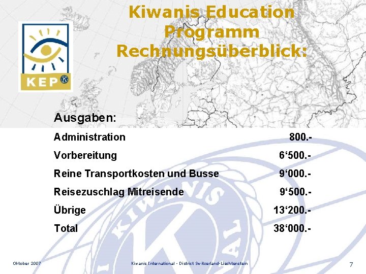 Kiwanis Education Programm Rechnungsüberblick: Ausgaben: Administration Oktober 2007 800. - Vorbereitung 6‘ 500. -