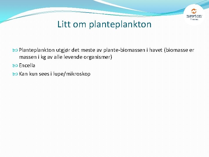 Litt om planteplankton Planteplankton utgjør det meste av plante-biomassen i havet (biomasse er massen