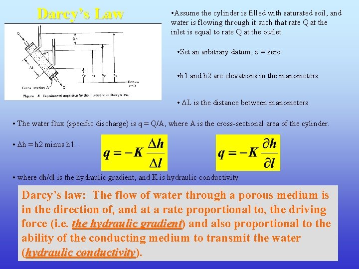 Darcy’s Law • Assume the cylinder is filled with saturated soil, and water is