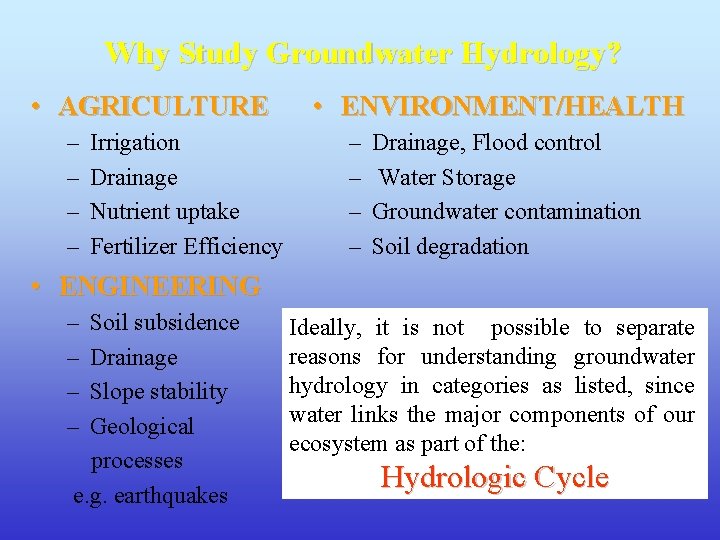 Why Study Groundwater Hydrology? • AGRICULTURE – – Irrigation Drainage Nutrient uptake Fertilizer Efficiency