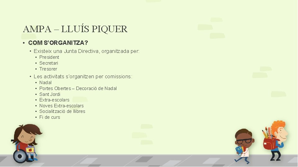 AMPA – LLUÍS PIQUER • COM S’ORGANITZA? • Existeix una Junta Directiva, organitzada per: