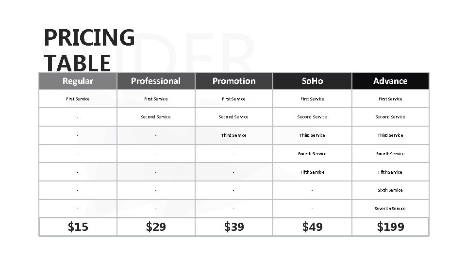 SLIDER PRICING TABLE Regular Professional Promotion So. Ho Advance First Service First Service -