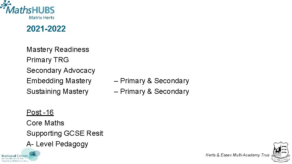 2021 -2022 Mastery Readiness Primary TRG Secondary Advocacy Embedding Mastery Sustaining Mastery – Primary