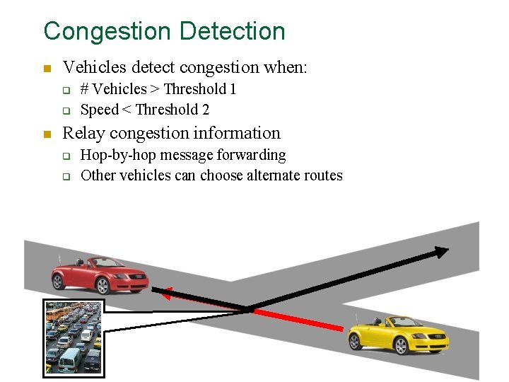 Congestion Detection n Vehicles detect congestion when: q q n # Vehicles > Threshold