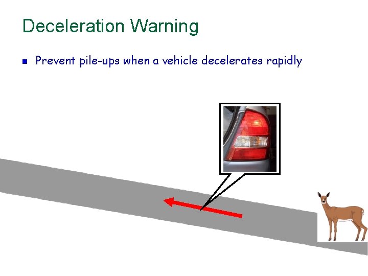 Deceleration Warning n Prevent pile-ups when a vehicle decelerates rapidly 