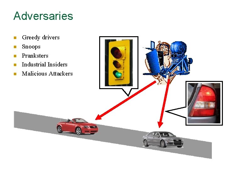 Adversaries n n n Greedy drivers Snoops Pranksters Industrial Insiders Malicious Attackers 