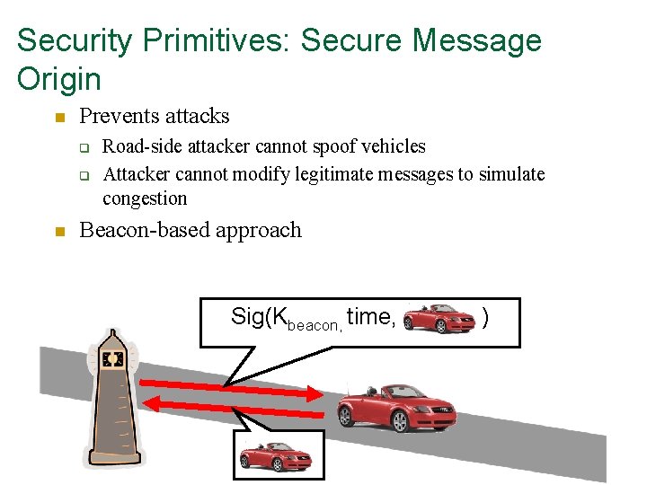 Security Primitives: Secure Message Origin n Prevents attacks q q n Road-side attacker cannot