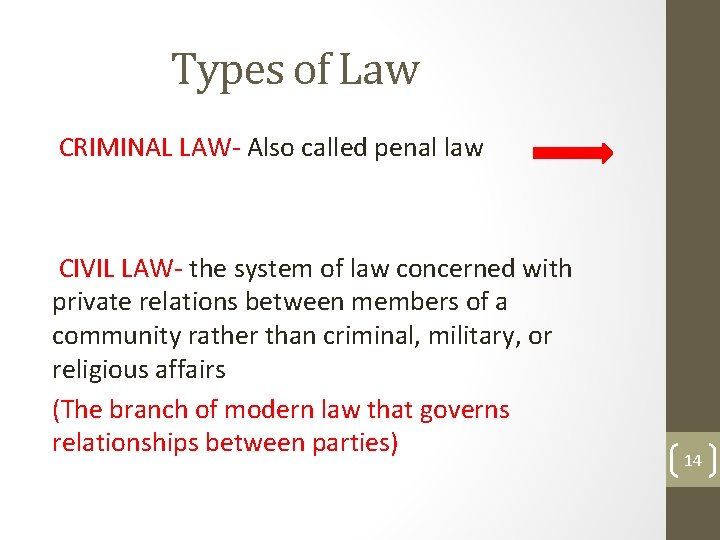 Types of Law CRIMINAL LAW- Also called penal law CIVIL LAW- the system of Types of Law CRIMINAL LAW- Also called penal law CIVIL LAW- the system of