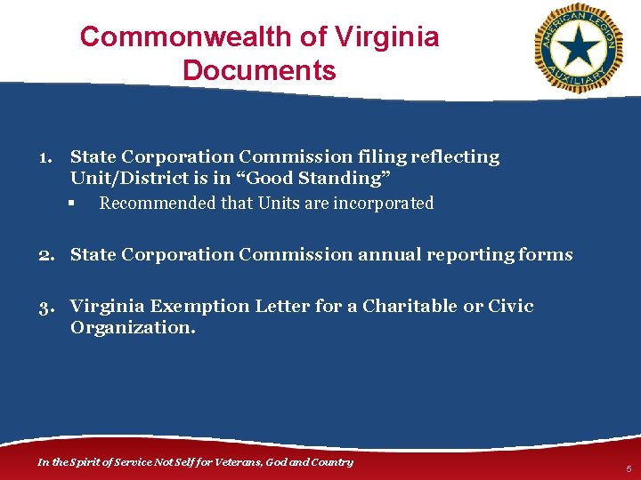Commonwealth of Virginia Documents 1. State Corporation Commission filing reflecting Unit/District is in “Good