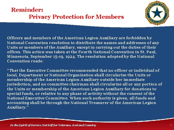 Reminder: Privacy Protection for Members Officers and members of the American Legion Auxiliary are