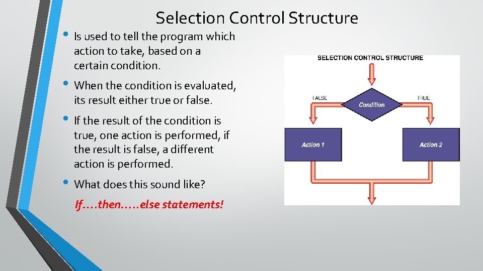 Selection Control Structure • Is used to tell the program which action to take,