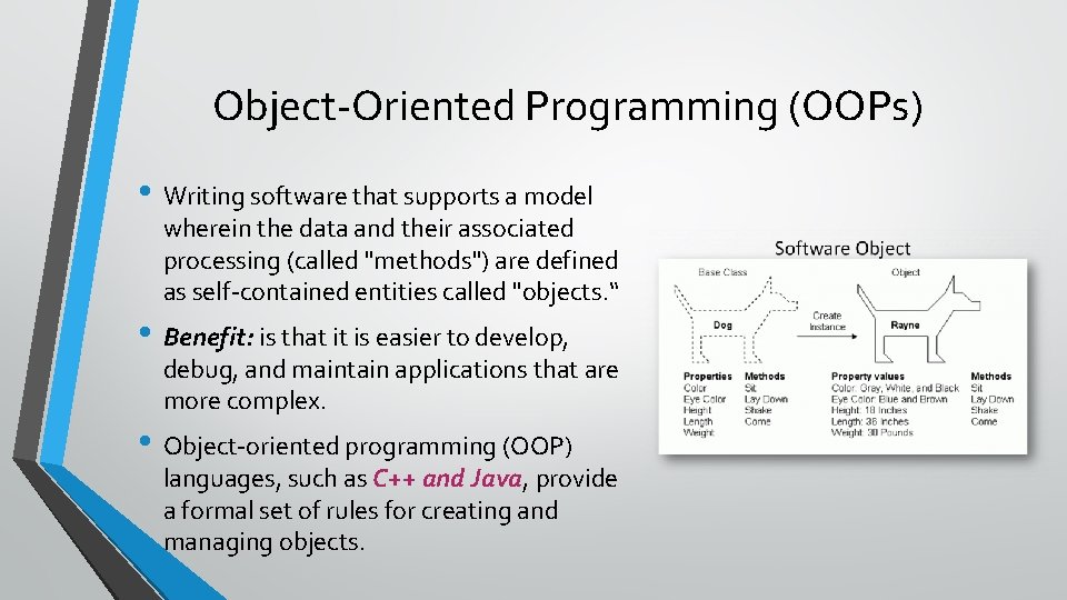 Object-Oriented Programming (OOPs) • Writing software that supports a model wherein the data and