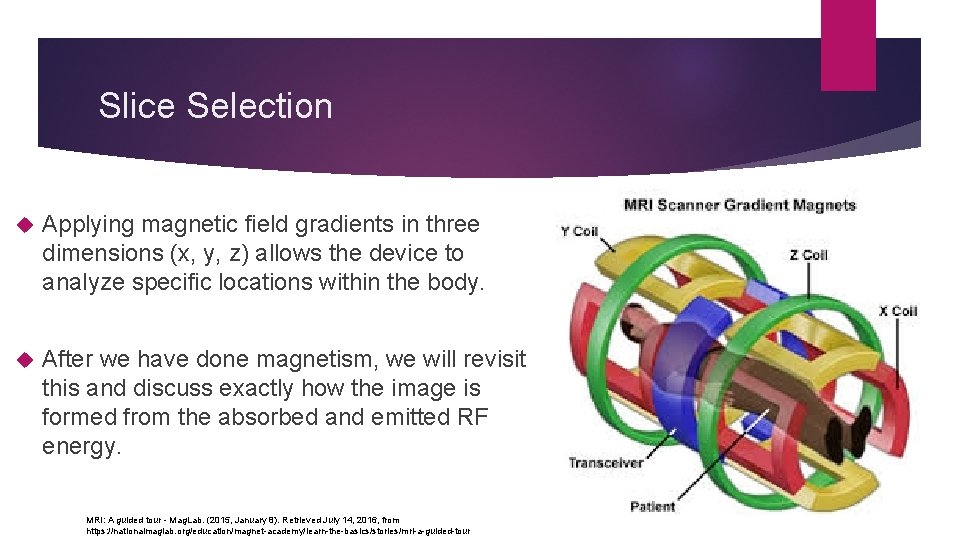 Slice Selection Applying magnetic field gradients in three dimensions (x, y, z) allows the