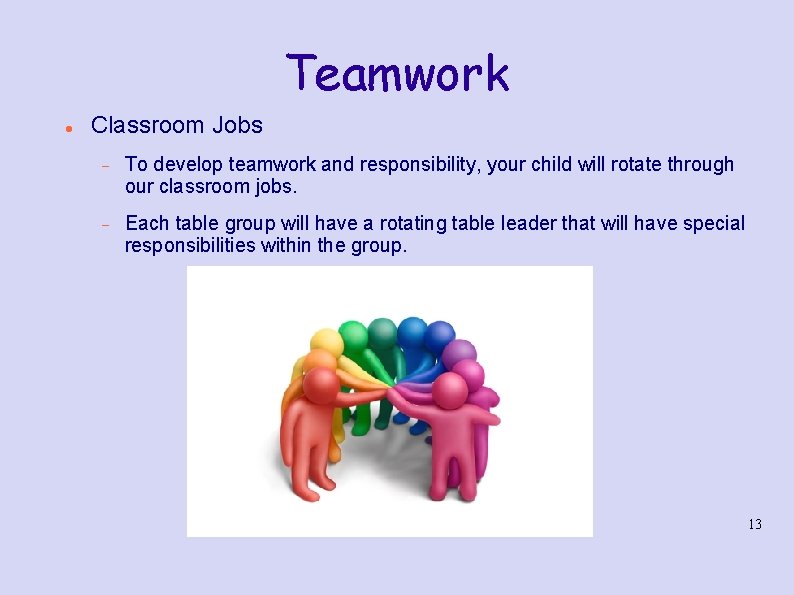 Teamwork Classroom Jobs To develop teamwork and responsibility, your child will rotate through our