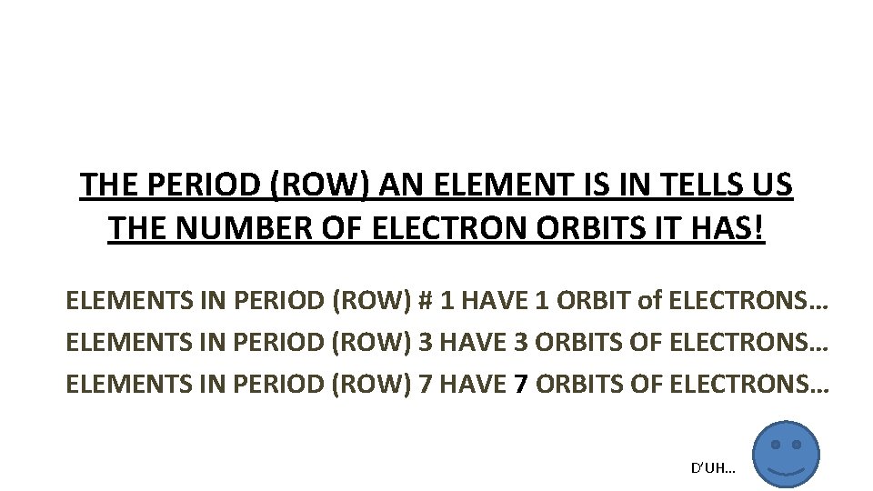 THE PERIOD (ROW) AN ELEMENT IS IN TELLS US THE NUMBER OF ELECTRON ORBITS