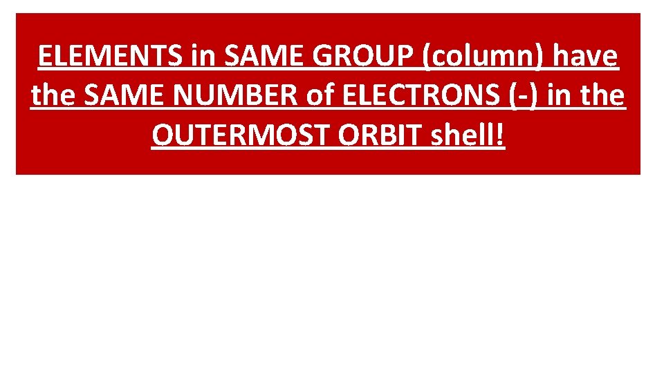 ELEMENTS in SAME GROUP (column) have the SAME NUMBER of ELECTRONS (-) in the