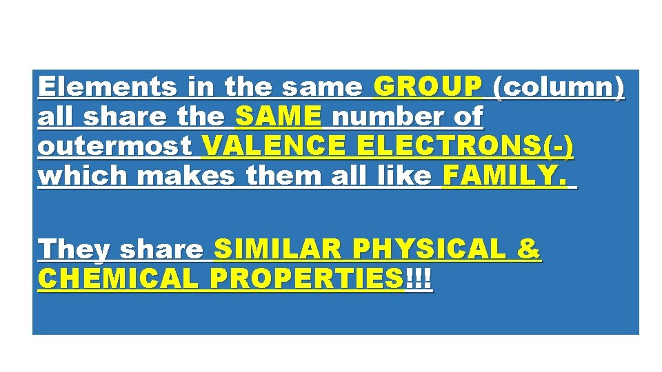Elements in the same GROUP (column) all share the SAME number of outermost VALENCE