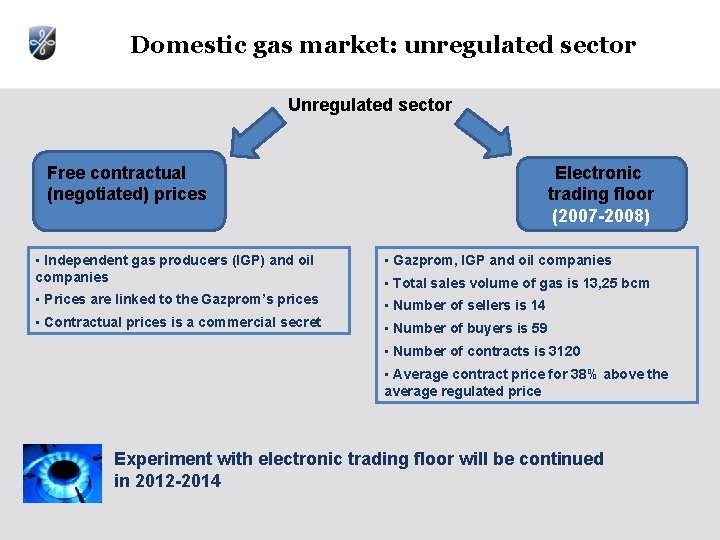 Domestic gas market: unregulated sector Unregulated sector Free contractual (negotiated) prices Electronic trading floor Domestic gas market: unregulated sector Unregulated sector Free contractual (negotiated) prices Electronic trading floor