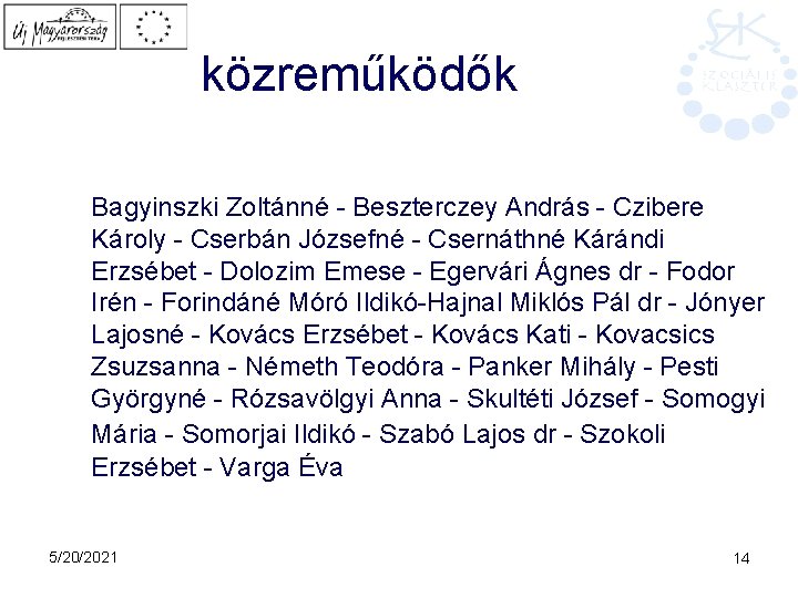 közreműködők Bagyinszki Zoltánné - Beszterczey András - Czibere Károly - Cserbán Józsefné - Csernáthné