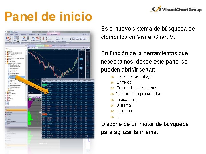 Panel de inicio Es el nuevo sistema de búsqueda de elementos en Visual Chart