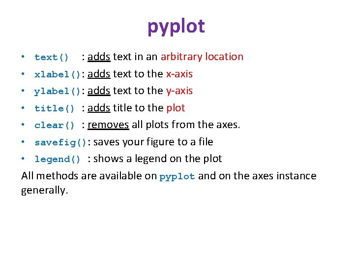pyplot : adds text in an arbitrary location • xlabel(): adds text to the pyplot : adds text in an arbitrary location • xlabel(): adds text to the