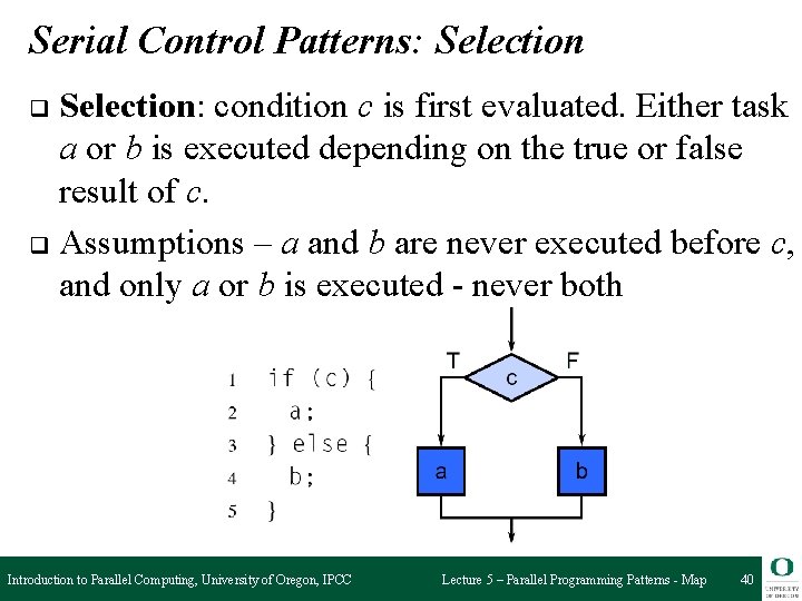 Serial Control Patterns: Selection: condition c is first evaluated. Either task a or b