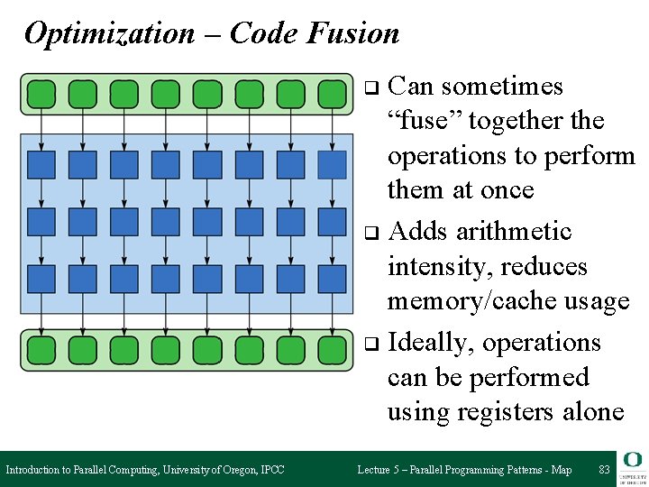 Optimization – Code Fusion Can sometimes “fuse” together the operations to perform them at