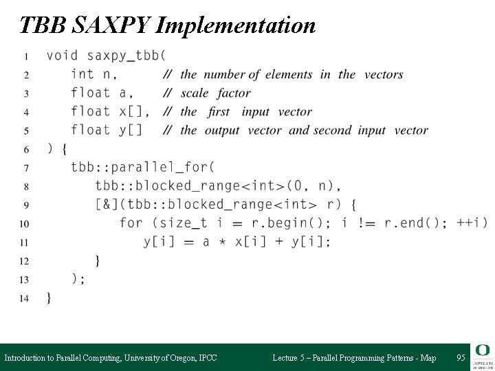 TBB SAXPY Implementation Introduction to Parallel Computing, University of Oregon, IPCC Lecture 5 – TBB SAXPY Implementation Introduction to Parallel Computing, University of Oregon, IPCC Lecture 5 –