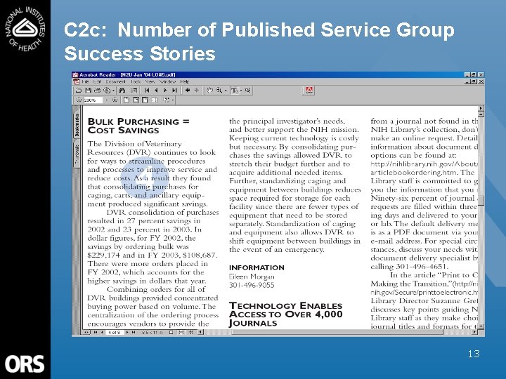 C 2 c: Number of Published Service Group Success Stories 13 