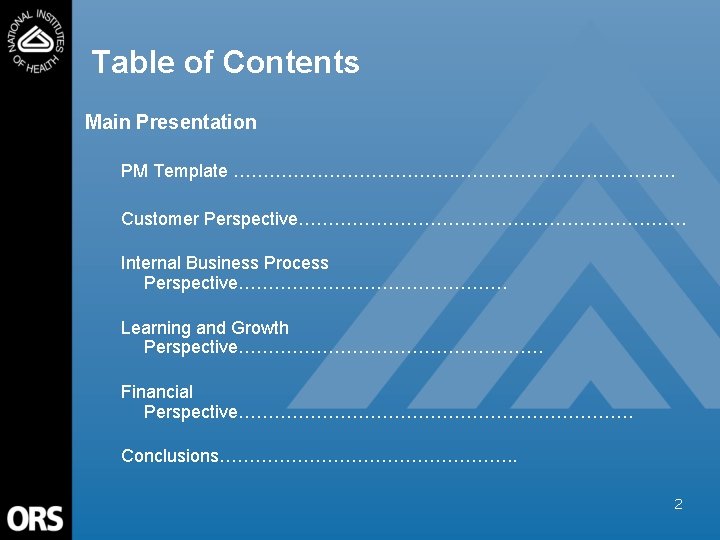 Table of Contents Main Presentation PM Template ………………………………. Customer Perspective………………. Internal Business Process Perspective……………………