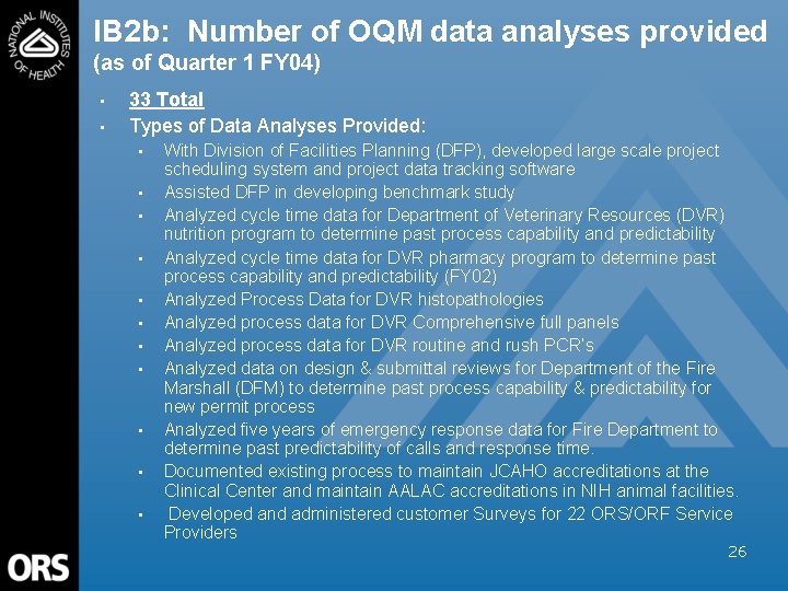 IB 2 b: Number of OQM data analyses provided (as of Quarter 1 FY